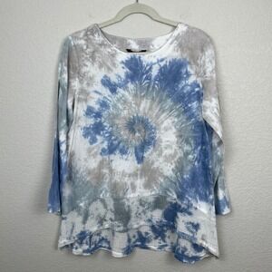 Ali Miles Top Womens Medium Linen Tie Dye Tunic Blouse Shirt Roll Tab Sleeves